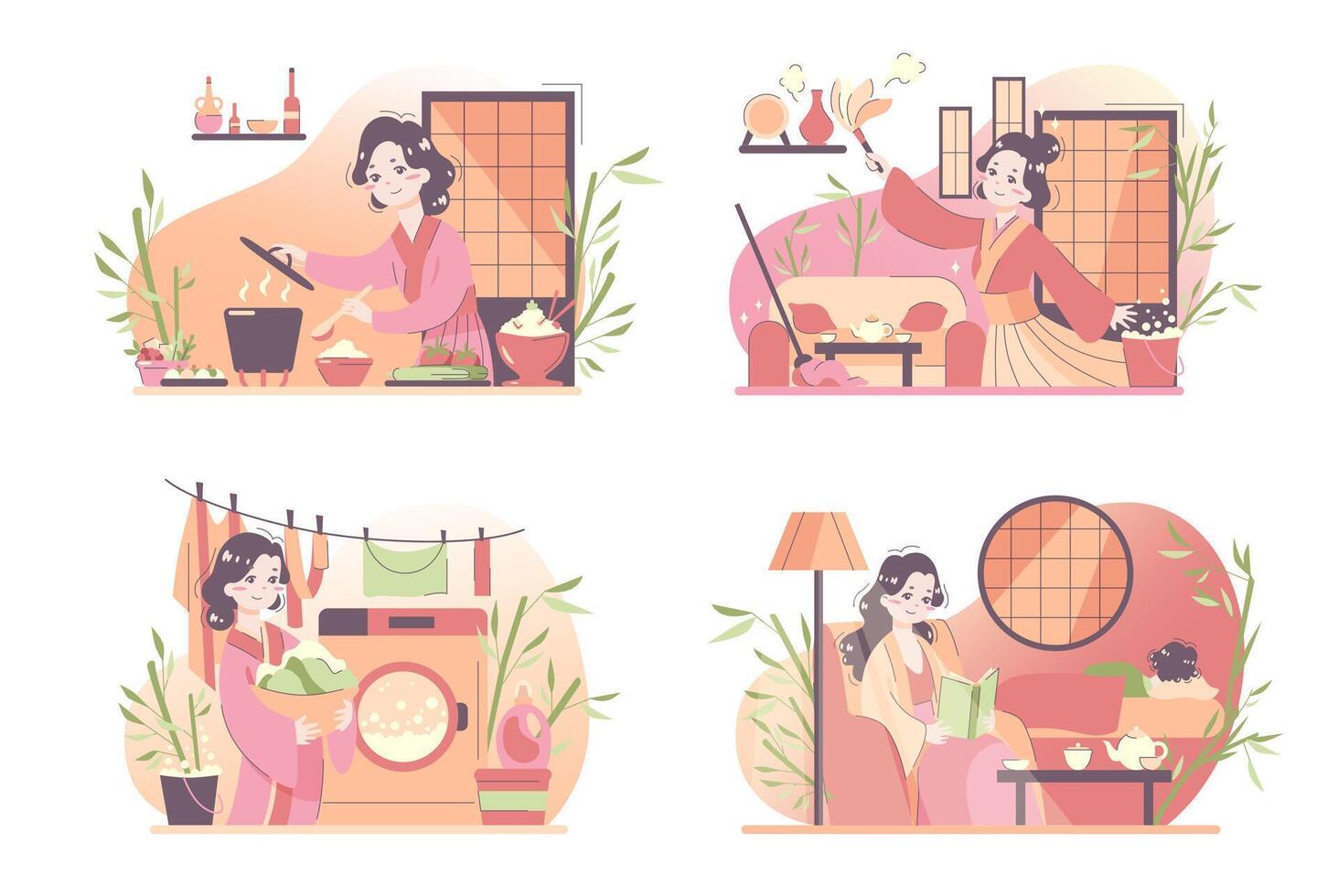 Daily routine of an asian woman set. Japanese housewife chores vector
