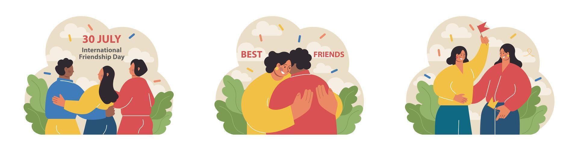 International friendship day set. Cheerful characters celebrating vector