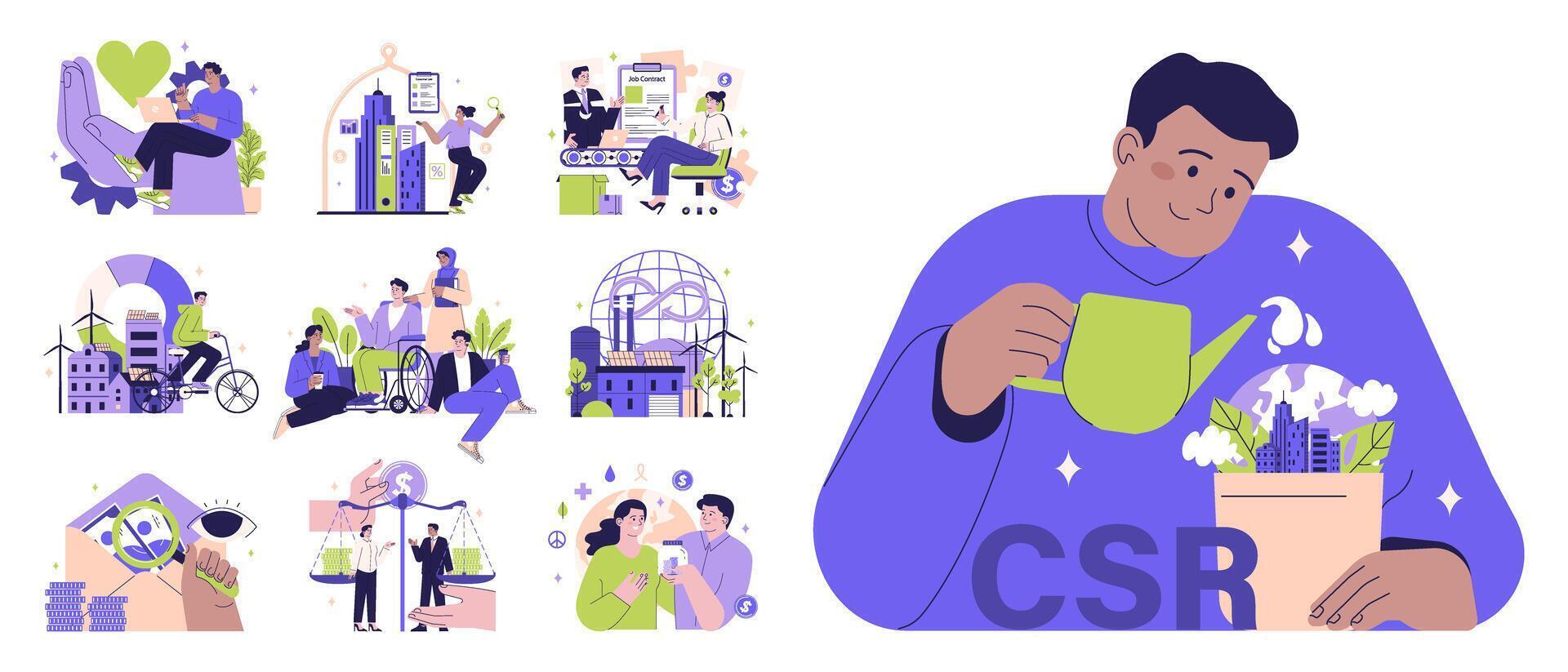 Corporate Social Responsibility, CSR set. Business' responsibility vector
