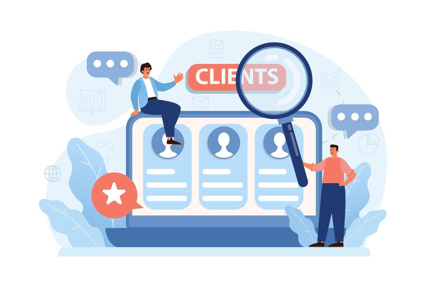 New customers search. Character web searching. Business development vector