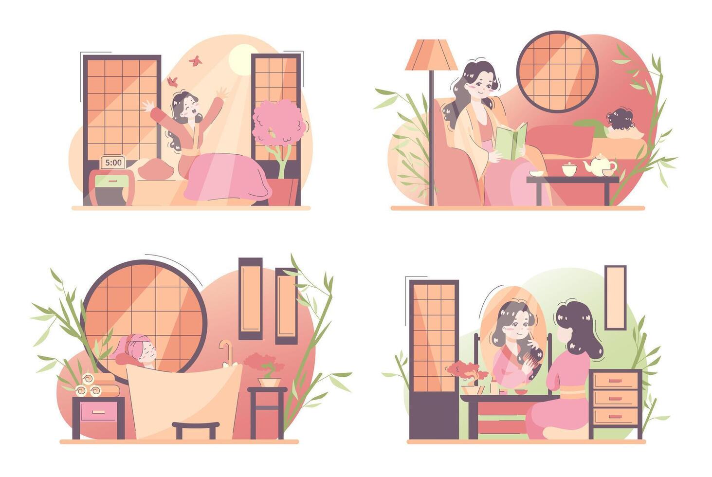 Daily routine of an asian woman set. Japanese housewife chores vector