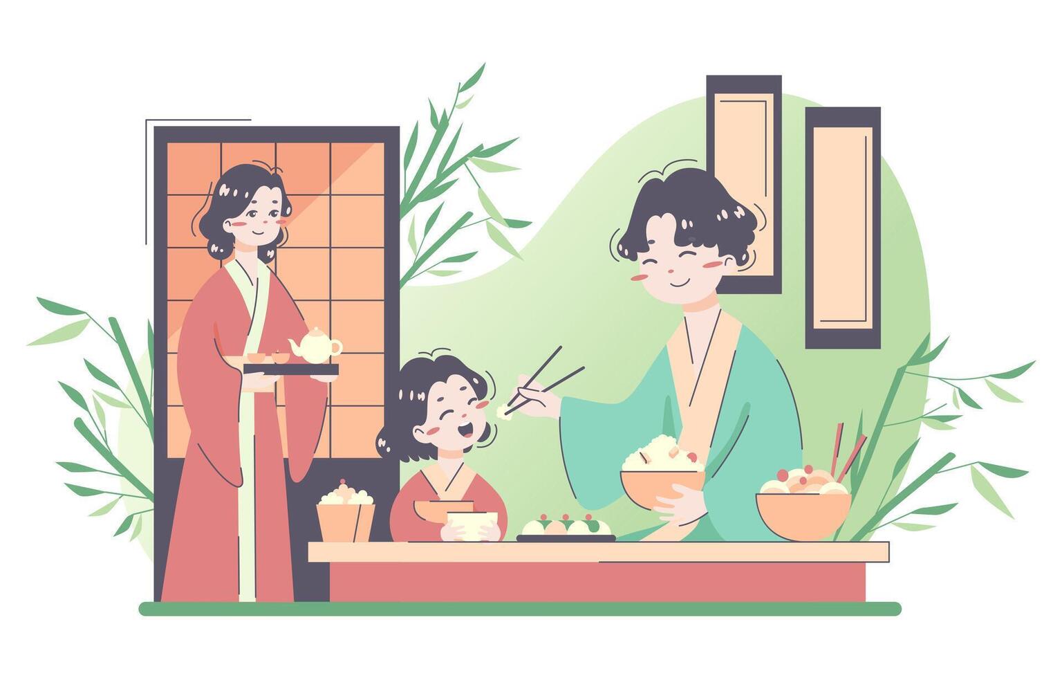 Daily routine of an asian family. Japanese characters in traditional vector
