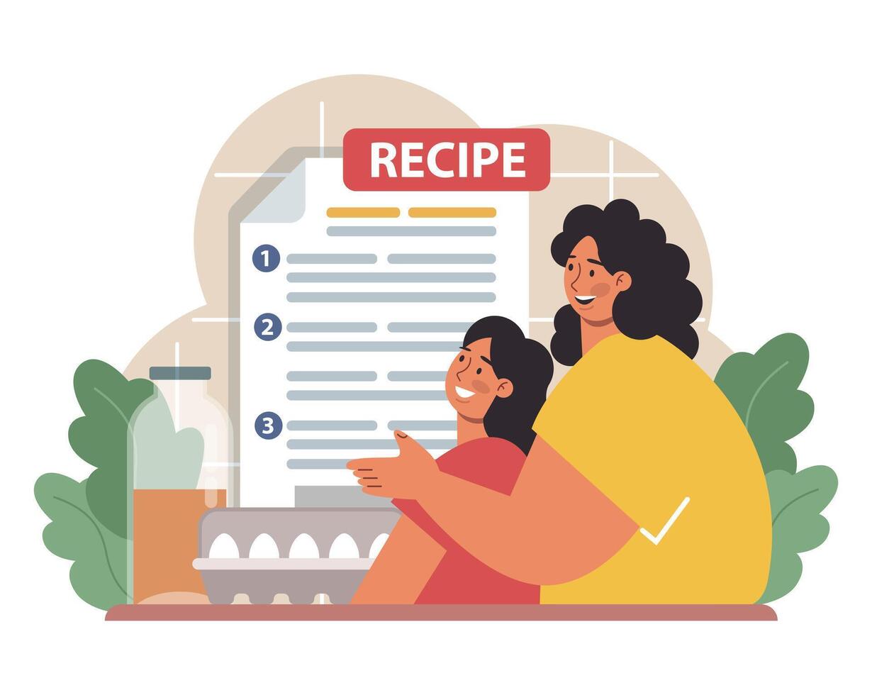 Parents teaching their child how to cook. Family making food vector