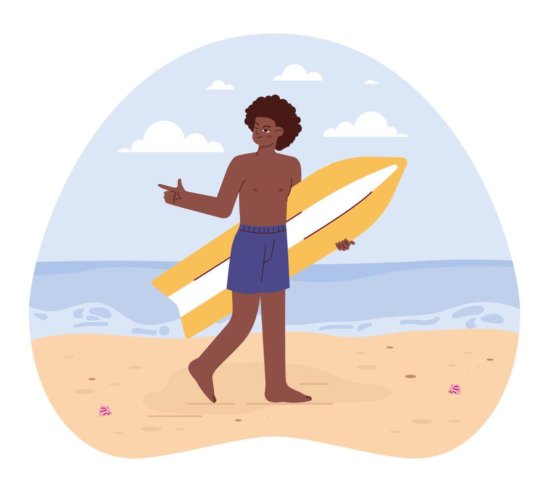 Characters in a swimming shorts spending time on the beach. Young male vector