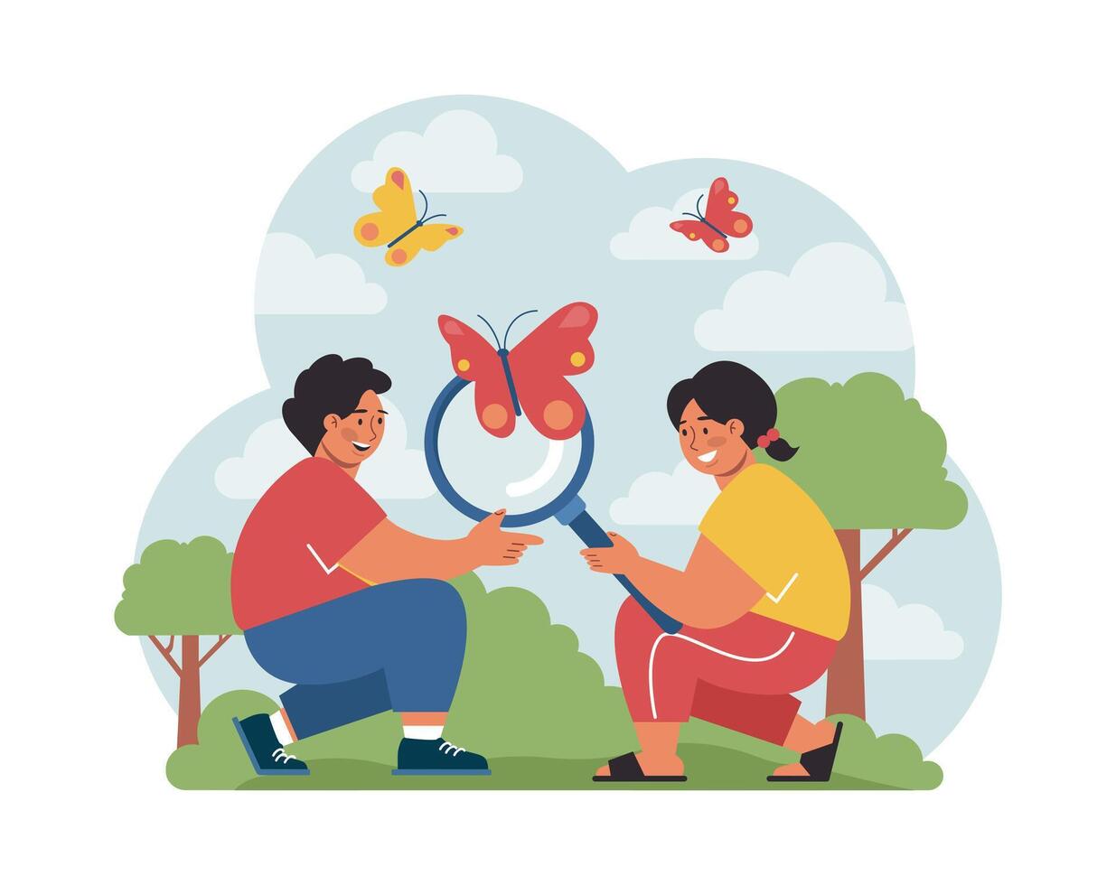 Children exploring nature on summer holidays. Active outside vector