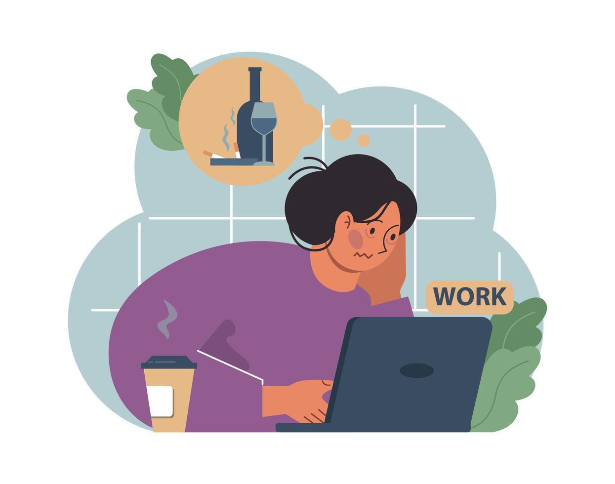 Female alcoholism. Woman suffering from hard drinking, alcohol vector