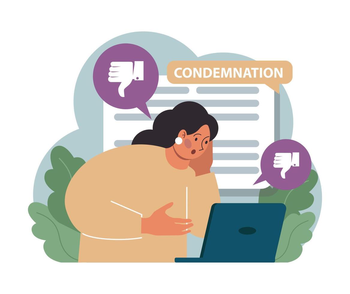Condemnation. Public censure or judgement. Upset victim being vector