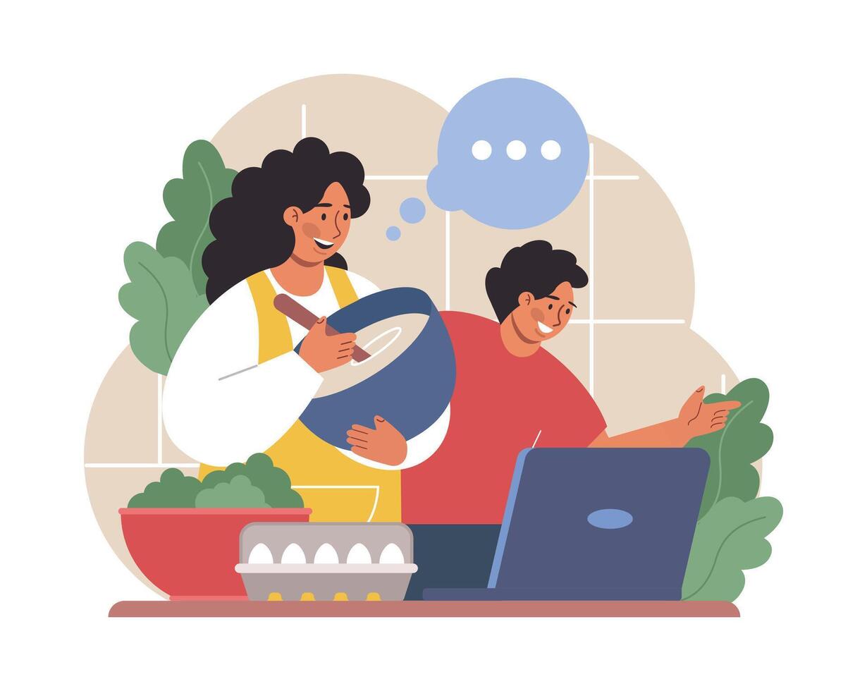 Mother teaching her child how to cook. Family making food in the kitchen vector