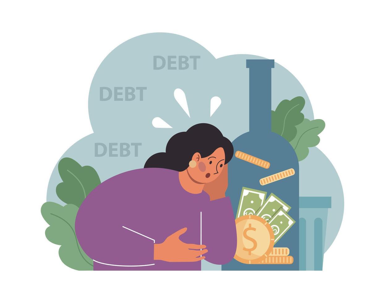 Female alcoholism. Woman suffering from hard drinking, alcohol vector
