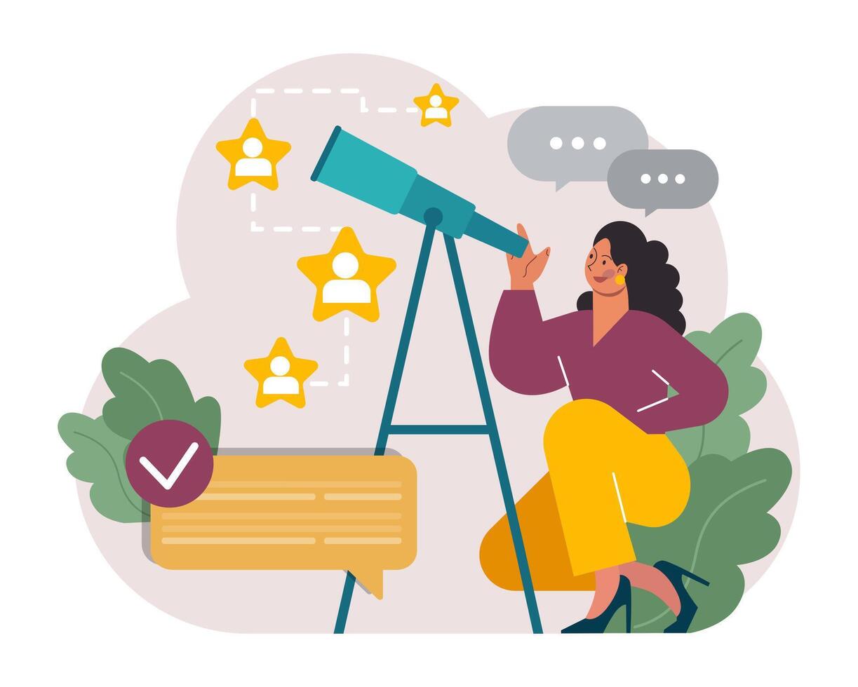 New customers search. Character looking through spyglass. Business vector