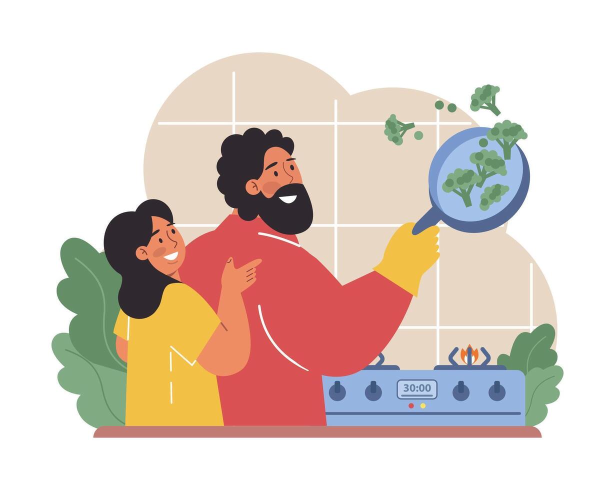 Parents teaching their child how to cook. Family making food vector