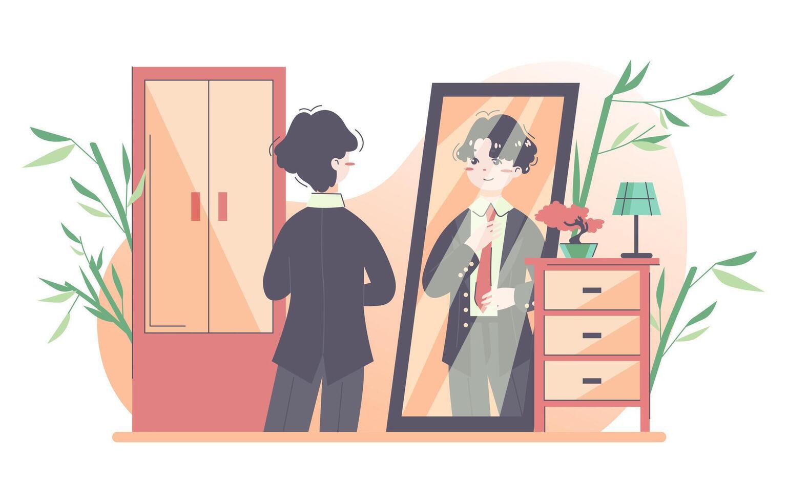 Daily routine of a asian man. Guy dressing up getting ready to go vector