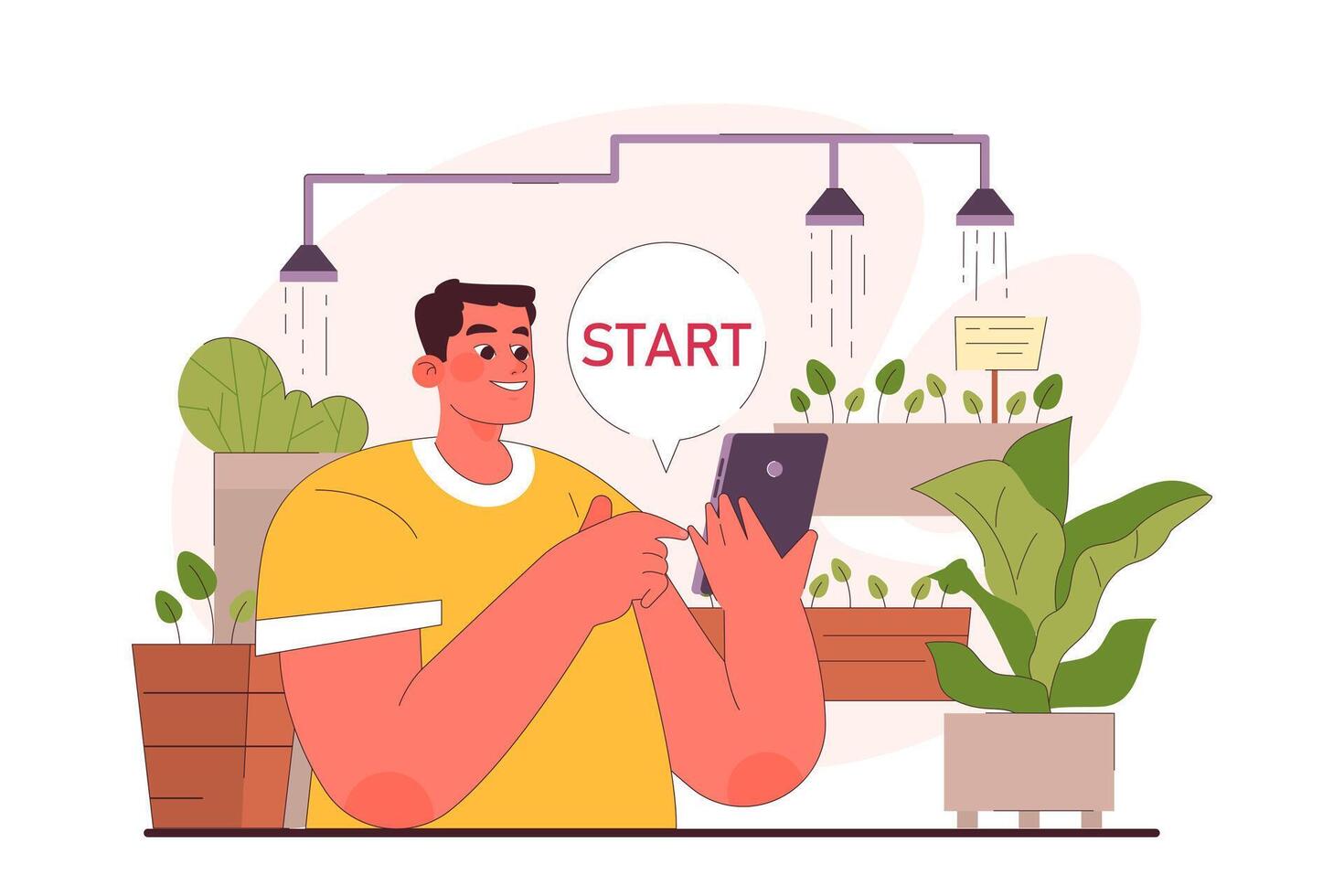 Character enjoy gardening. Man taking care of potted house plants vector