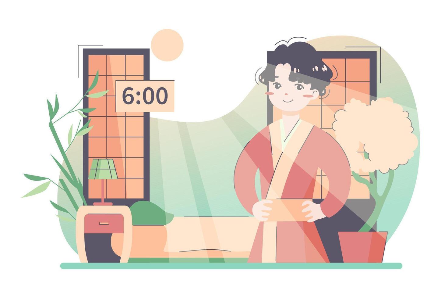 Daily routine of an asian man. Japanese male character in traditional vector