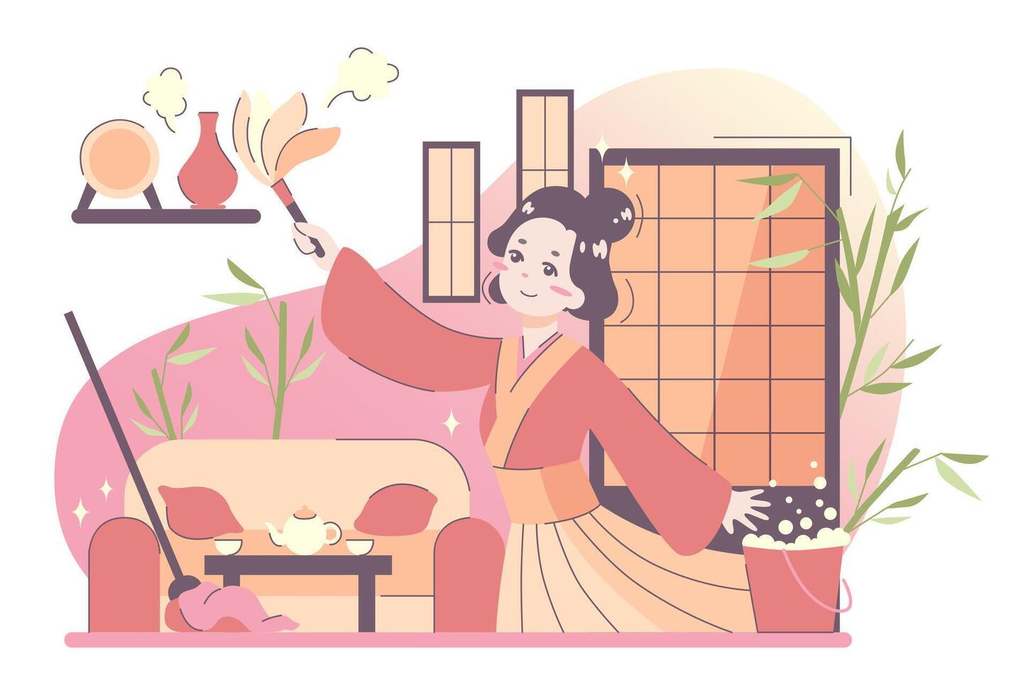 Daily routine of an asian woman. Japanese housewife in traditional vector