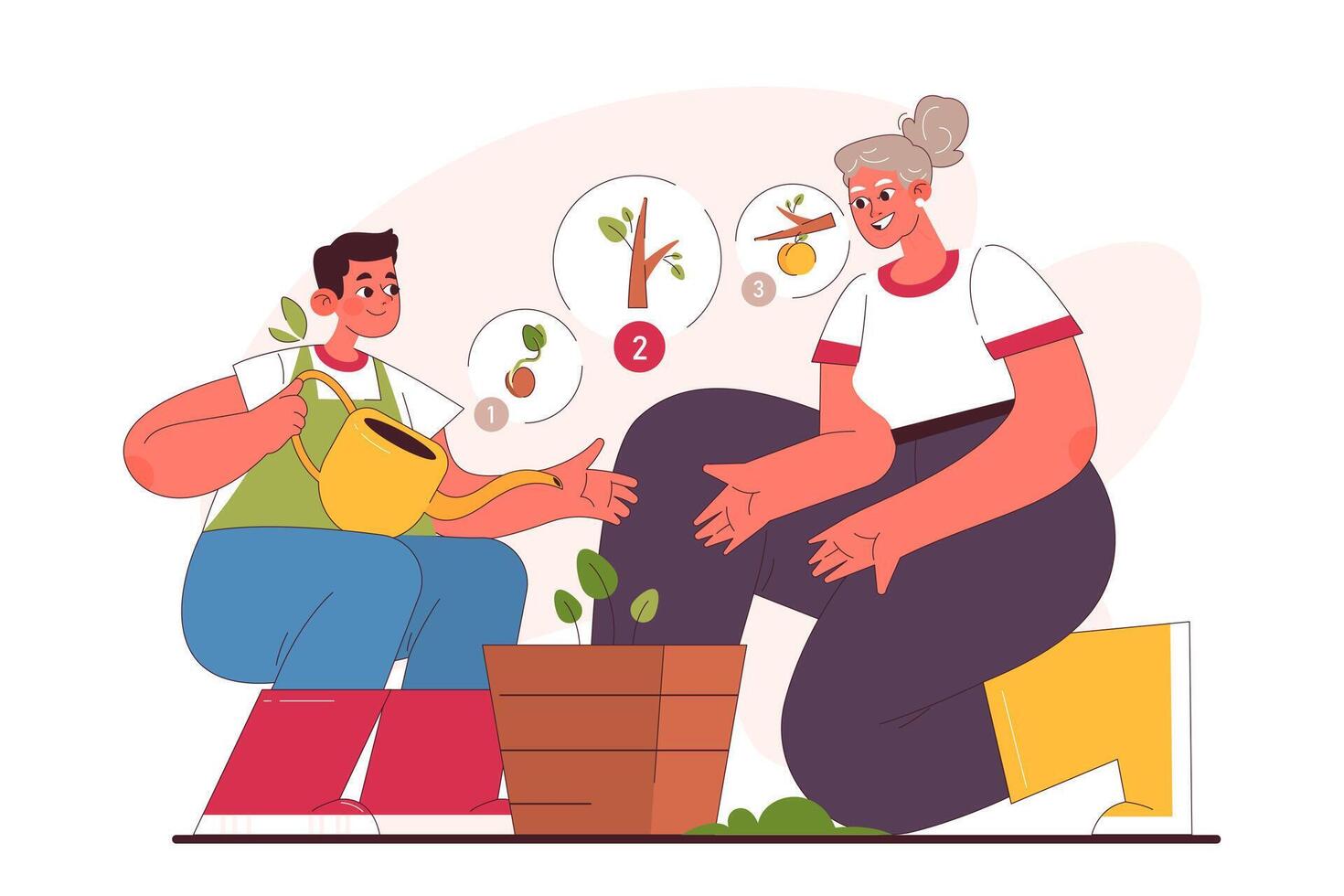 Characters enjoy gardening. Grandmother and grandson planting vector