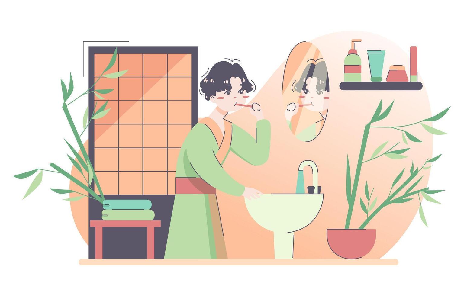 Daily routine of an asian man. Japanese male character in traditional vector