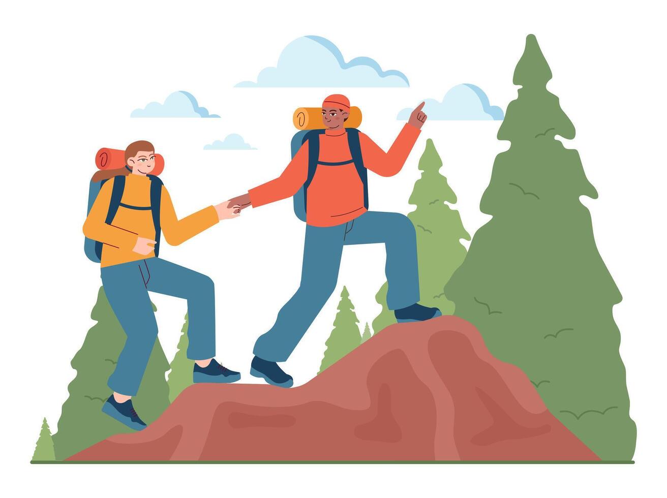 Outdoor camping and hiking. Characters with backpacks spending vector