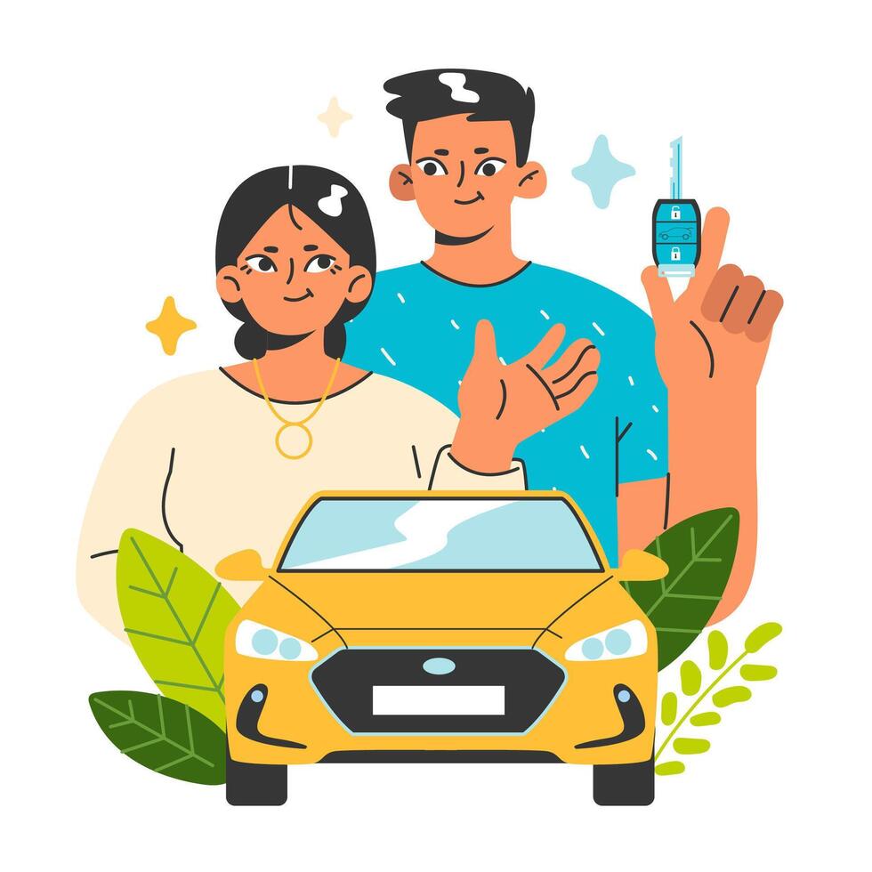 Young couple buying or renting a car. Man holding a new car key. vector