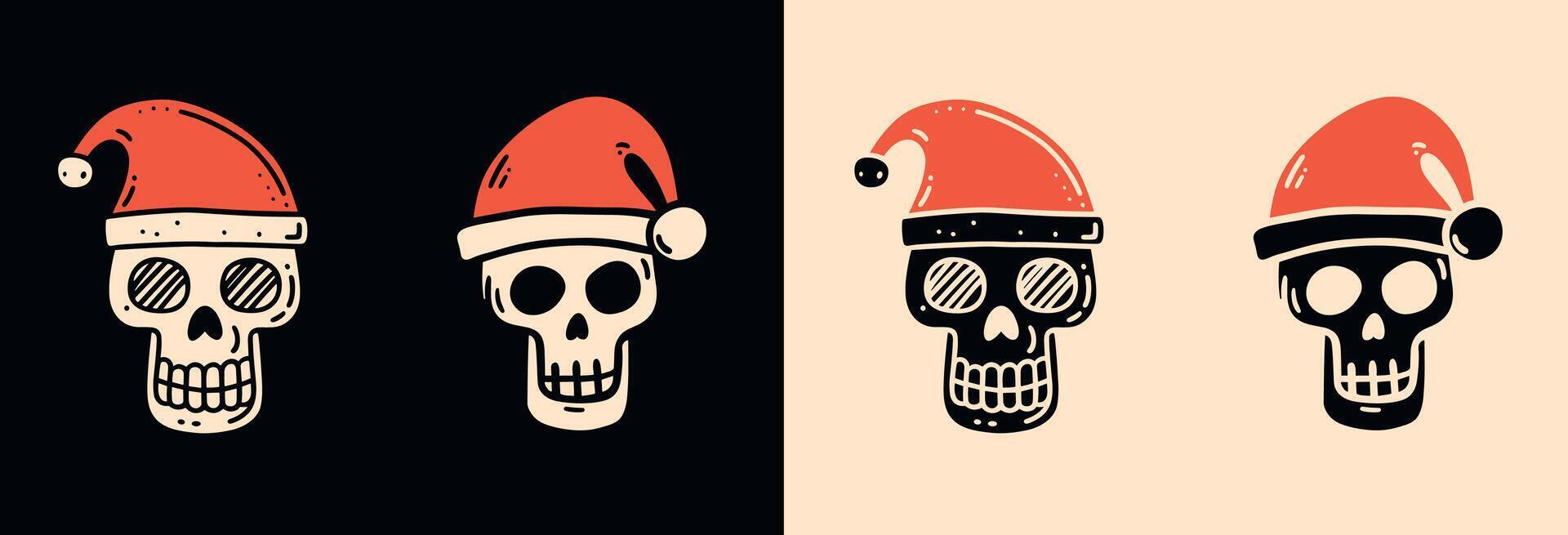 Skull Santa hat drawing illustration pack bundle set gothic creepy holiday season dark Christmas decor aesthetic isolated simple hand drawn elements stickers cut file vector