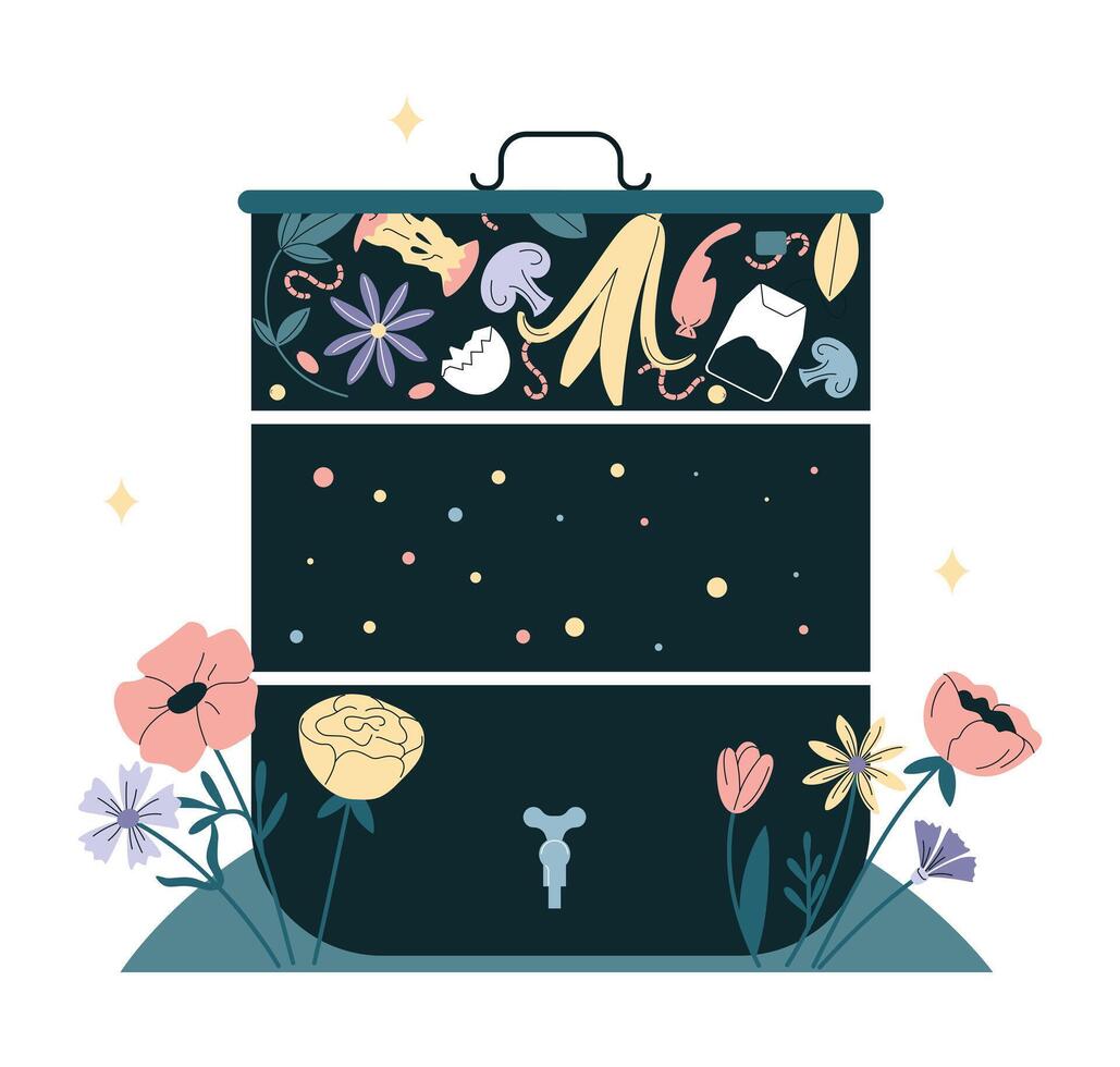 Composting. Food waste and leftovers biodegradation. Compost box vector