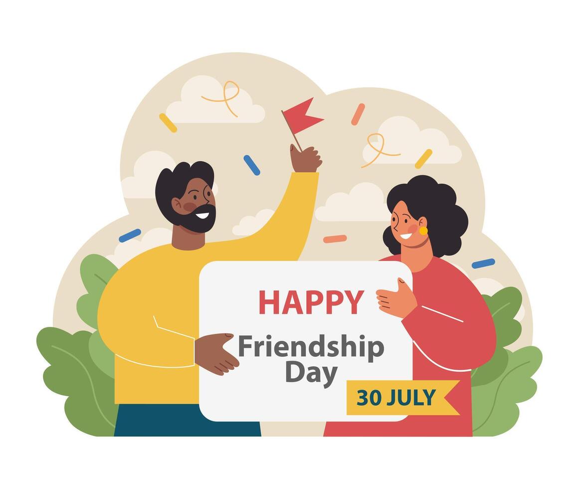 International friendship day. Cheerful characters celebrating vector