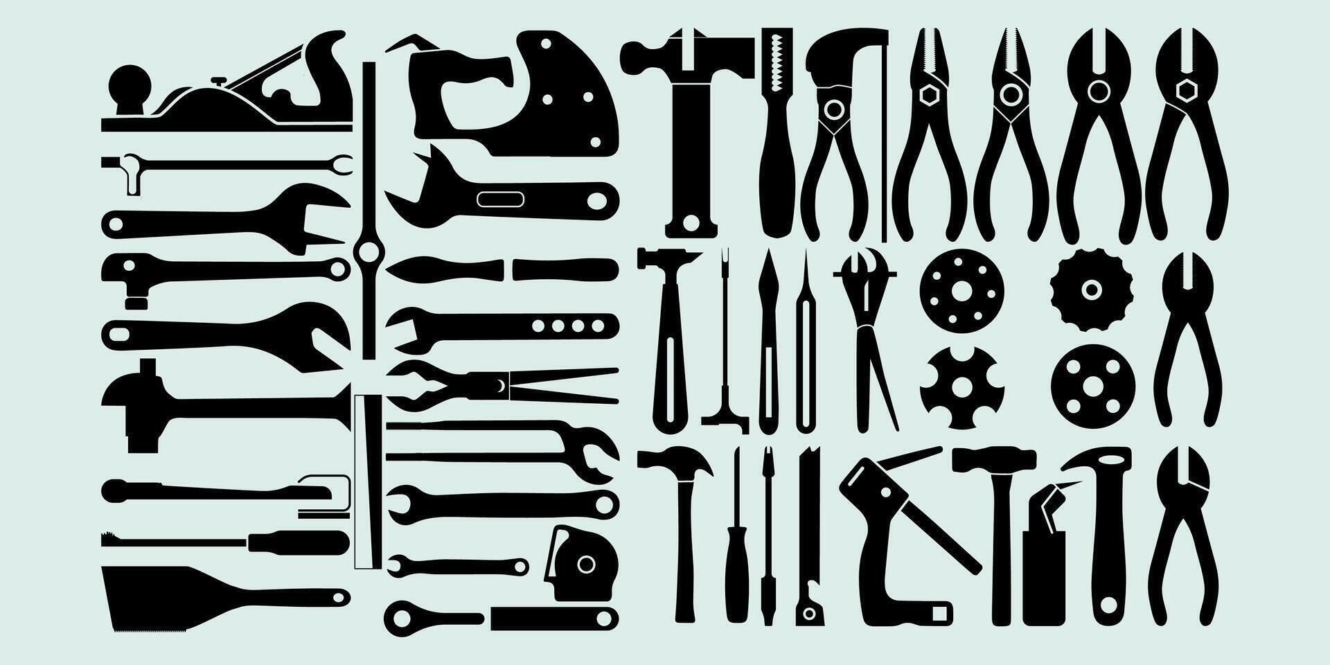 construcción herramientas silueta conjunto de labor trabajo y reparar instrumentos o equipo vector