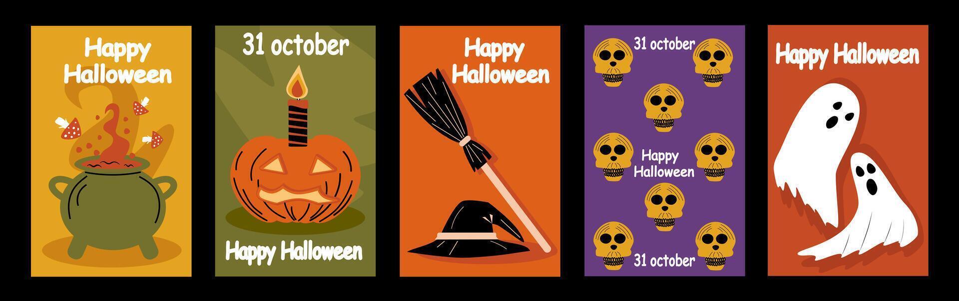 Happy Halloween. Simple vertical poster set. Minimalist, geometric, background pattern, icon. October 31. For poster, media, flyer, banner, cover or postcard. vector