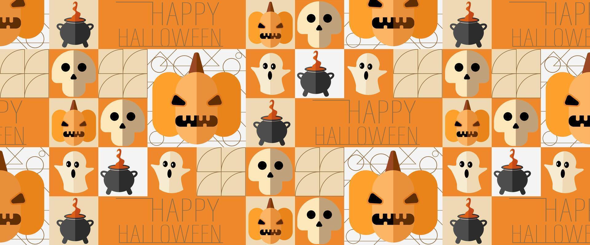 Bauhaus Halloween geometric pattern of abstract modern shapes with horror holiday characters. background with spooky ghost, pumpkin, skull and bat, spider, witch hat and trick or treat candy vector