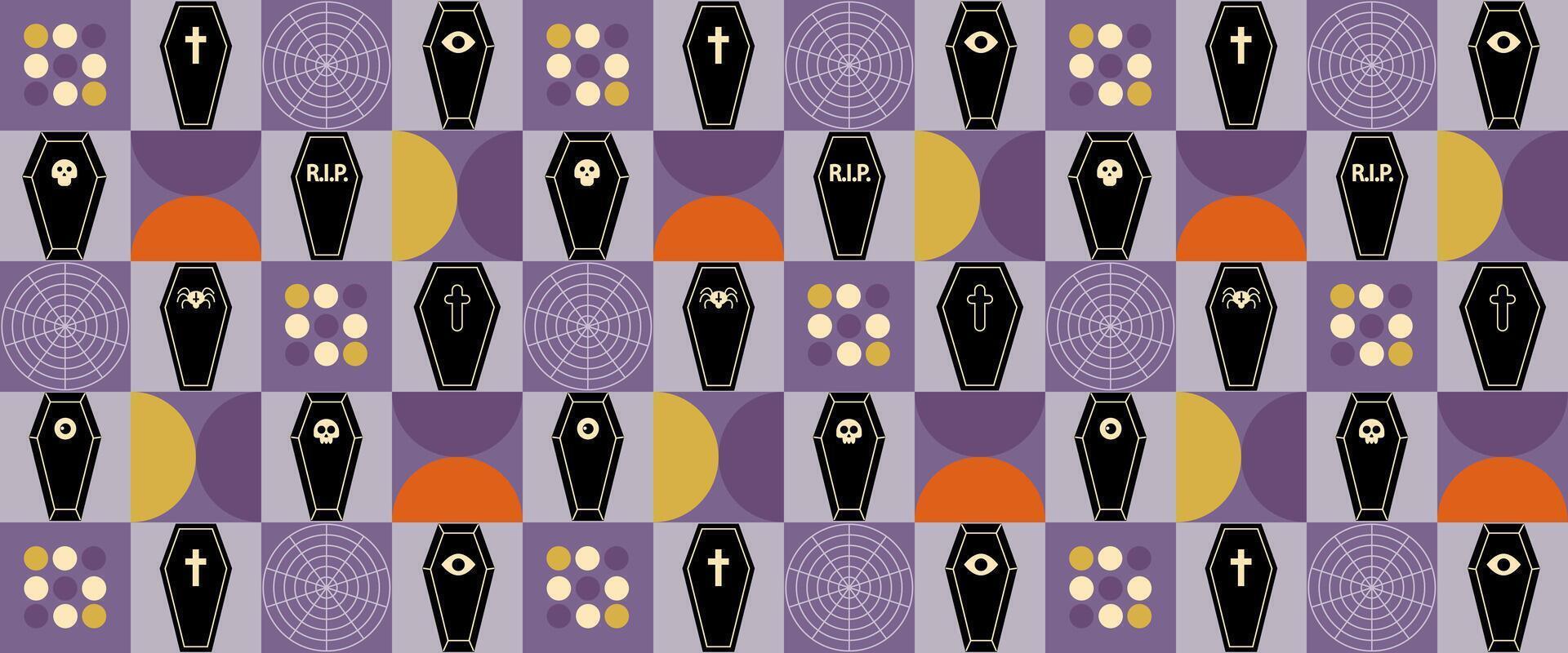 Halloween Abstract Geometric Bauhaus design background. Happy Halloween greeting card, poster. horizontal banner. Modern Holiday ornament, minimal Scandinavian retro shapes pumpkin, bat, ghost vector