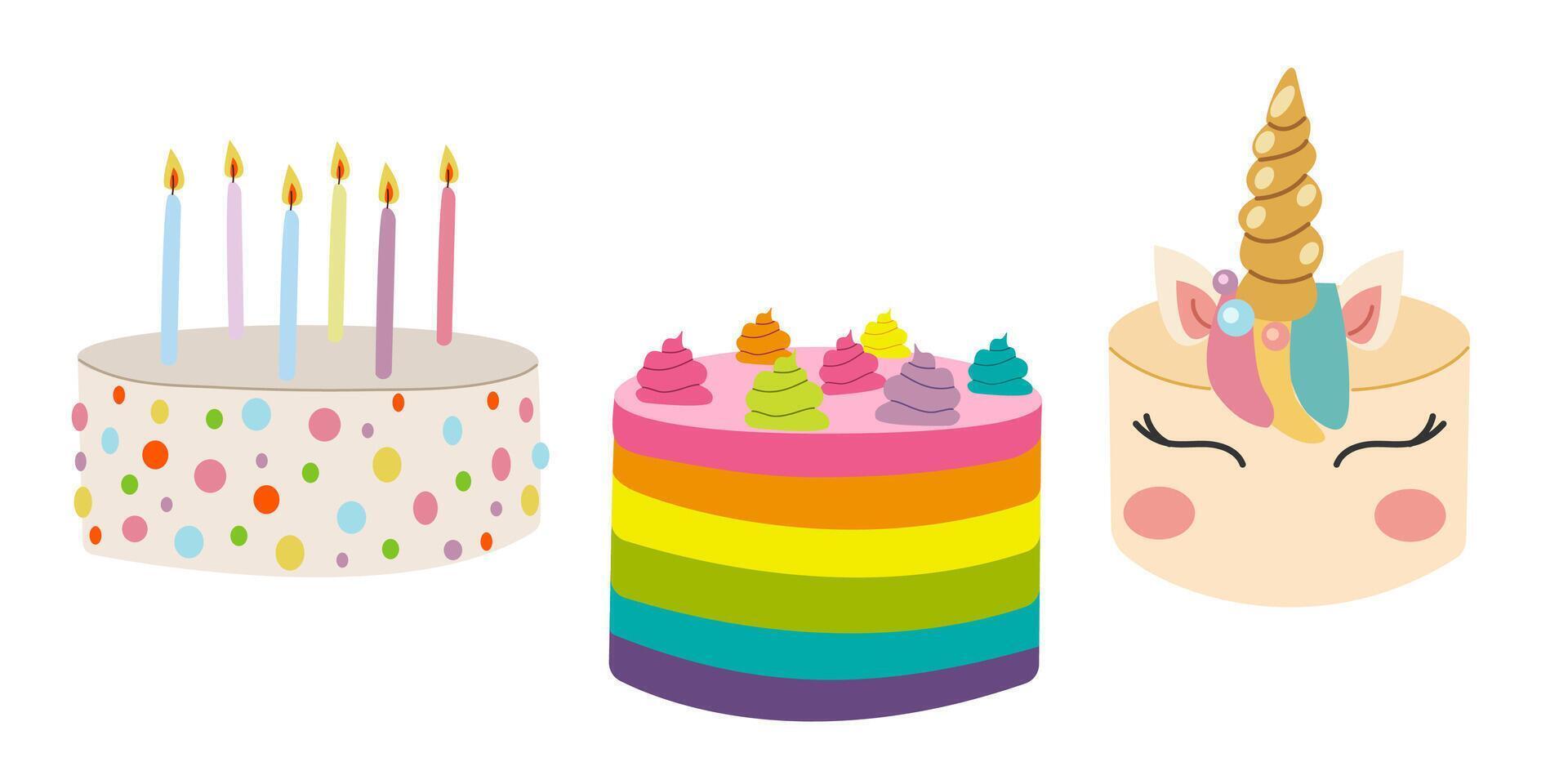 Three set of Birthday Cakes isolated on white. for postcards and stickers flat illustration for celebration ,birthday party. vector