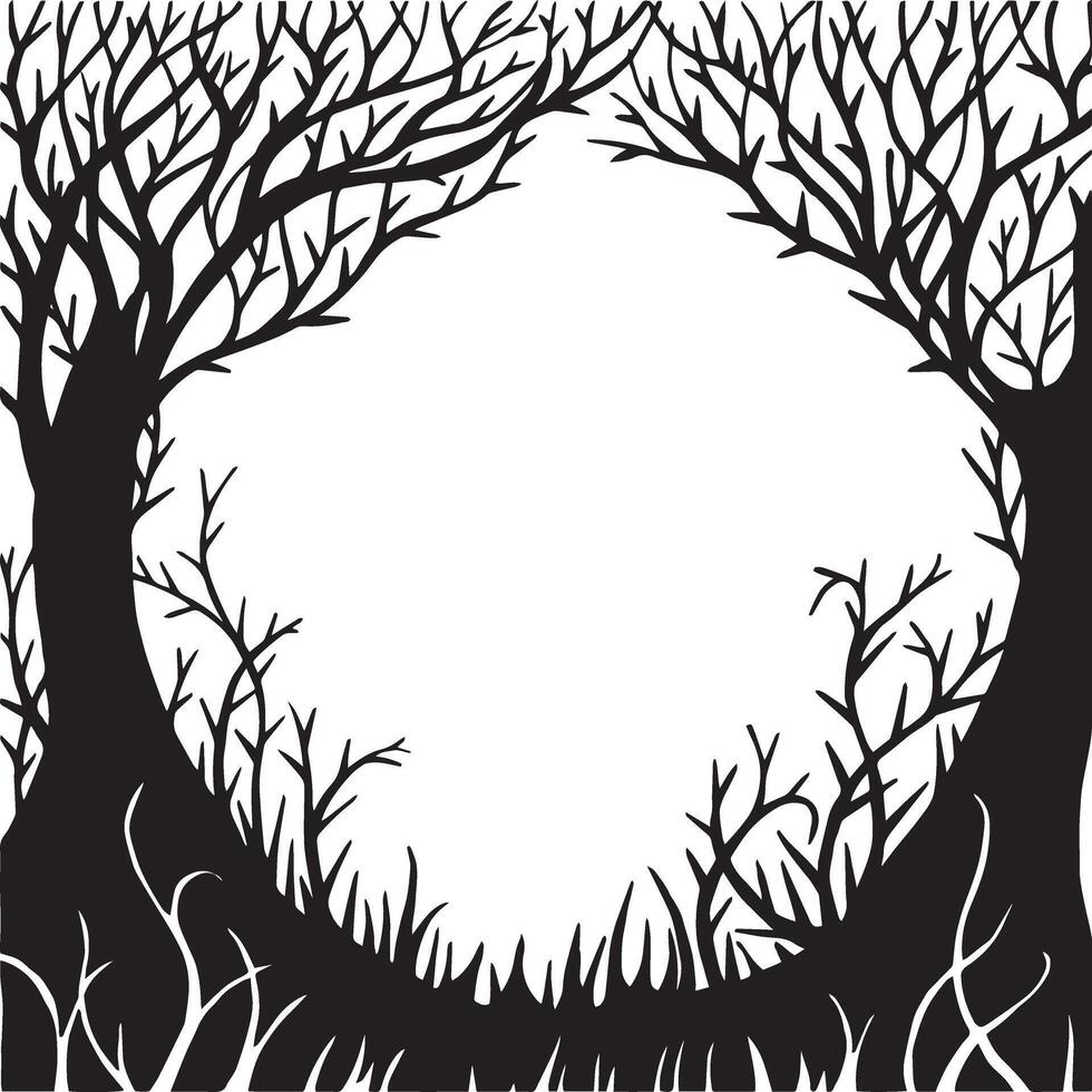 black and white magic forest frame. silhouette of a fabulous, magical forest. design for halloween. frame for cards, books. vector