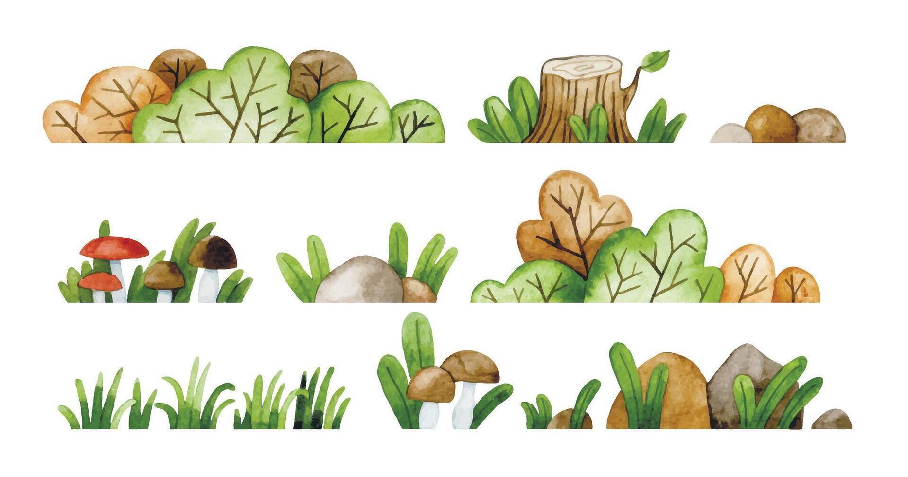 Watercolor image. Elements of the forest. Bushes, mushrooms and herbs. Cute illustration in a simple style vector