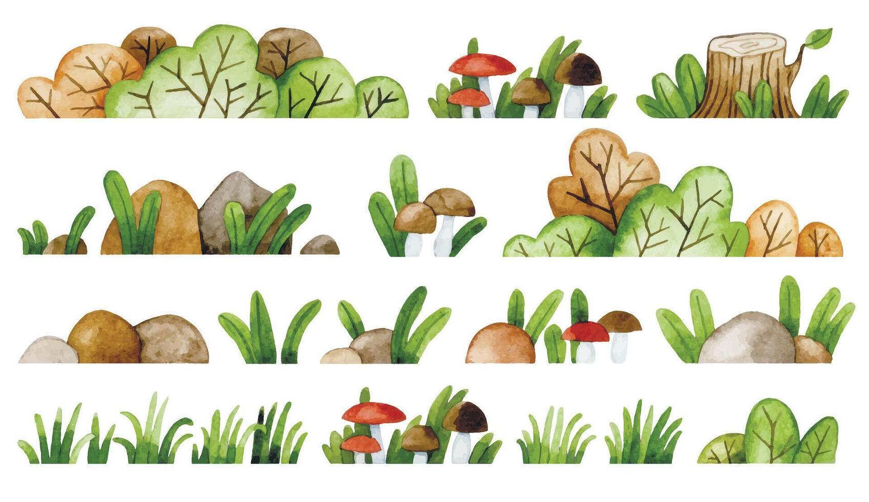 Watercolor image. Set of forest elements. Bushes, mushrooms and herbs. Cute illustration in simple style vector