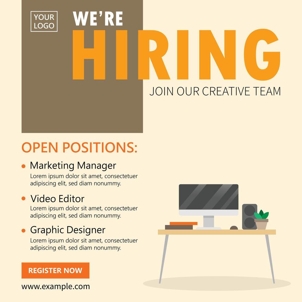 We are hiring job vacancy social media post. Employees needed. Join our team announcement. Illustration of a desk with a computer, plant, speaker, and books. vector