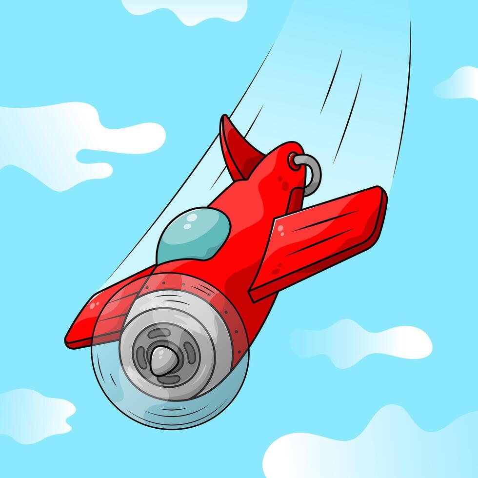 3D cartoon aircraft illustration. An old plane flying in the sky. Red airplane with motion lines and clouds background. vector
