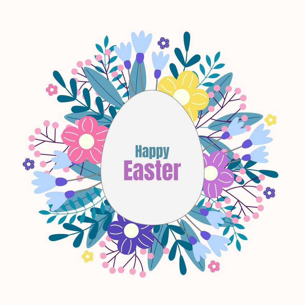 Happy Easter egg and flowers around. Isolated on white background. Graphic design. vector