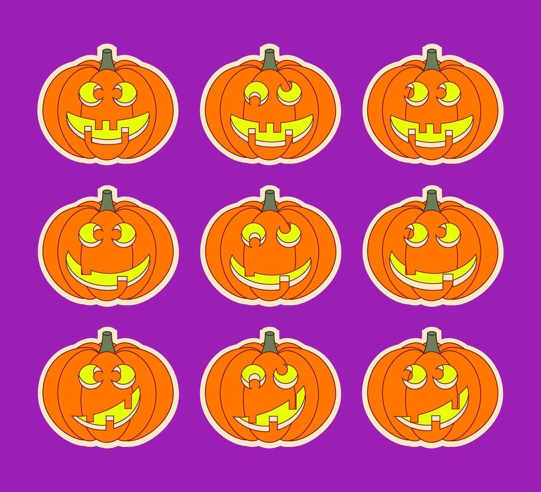 Halloween smiling pumpkin lanterns sticker set vector