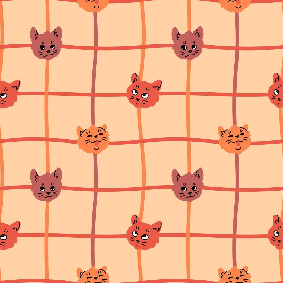 Seamless checkered pattern design. Stylized cute cats on light background. Repeating print for fabric, wrapping paper, textile vector