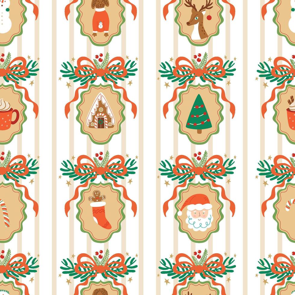 Beige coquette Christmas seamless pattern with bow, ribbon, cute winter holiday elements. striped grandmillennial print, wallpaper with vintage cameo brooch, Santa, reindeer, gingerbread house. vector