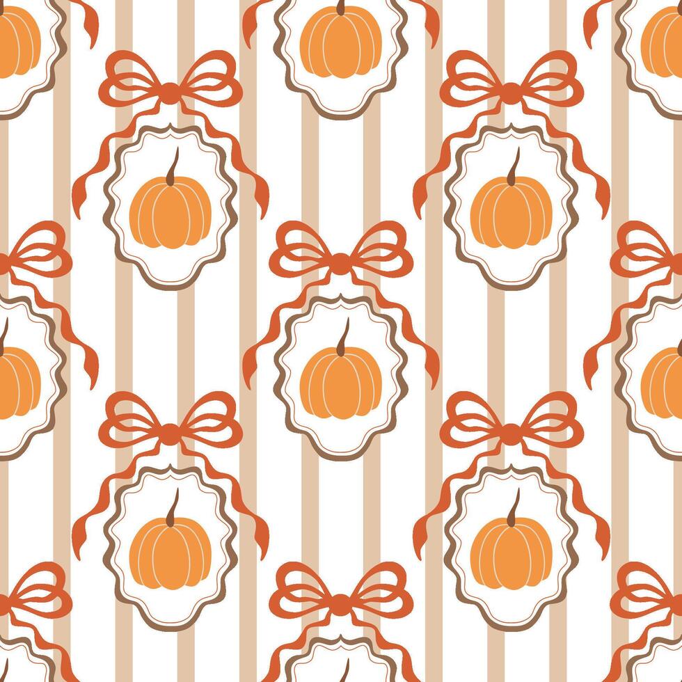 Coquette fall bows, pumpkin, ribbons, cameo seamless pattern. Autumn hand drawn grandmillennial vertical striped background. wallpaper, print, wrap paper, textile, cute Thanksgiving day design. vector