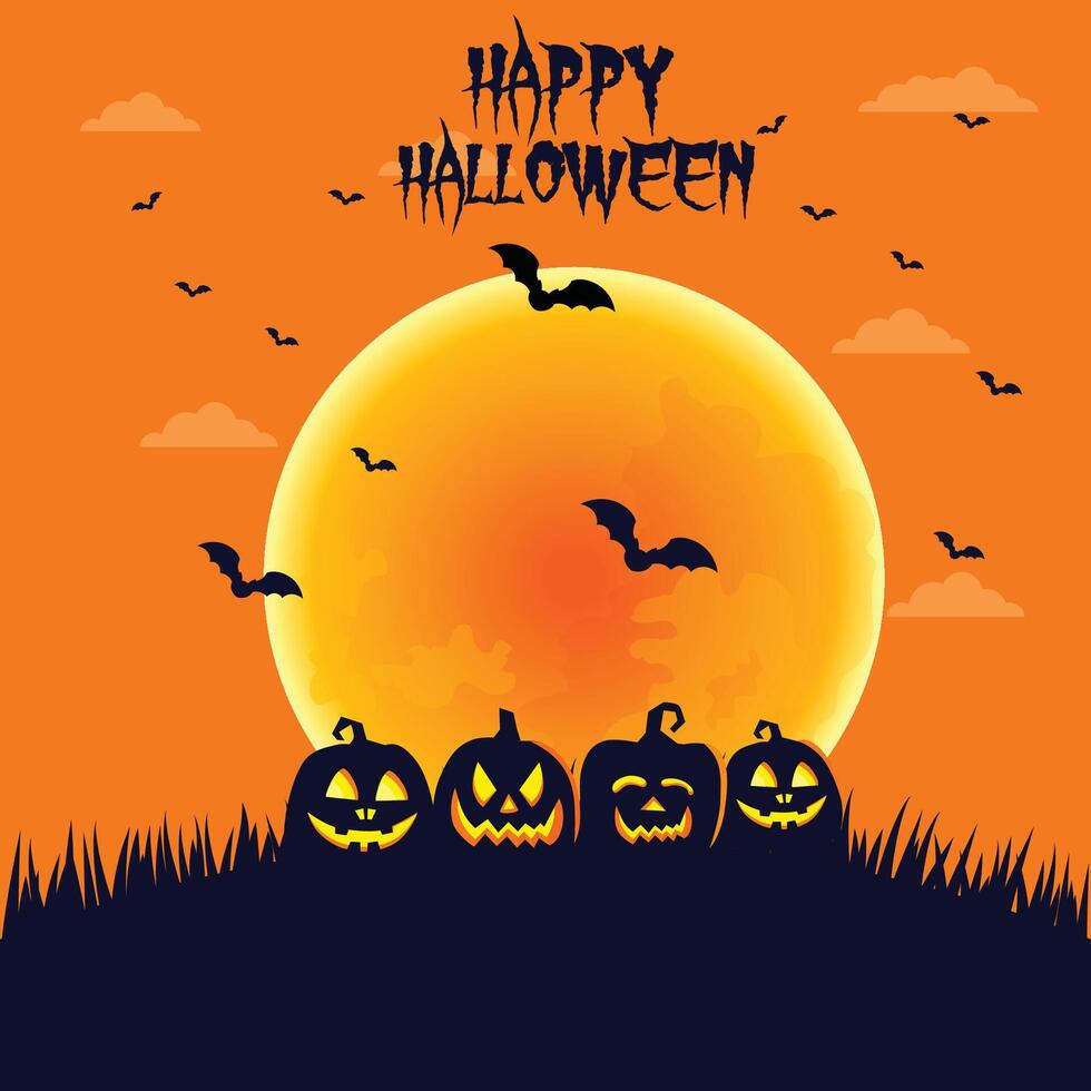 Spooky Halloween poster with pumpkins, moon, bats and grave vector