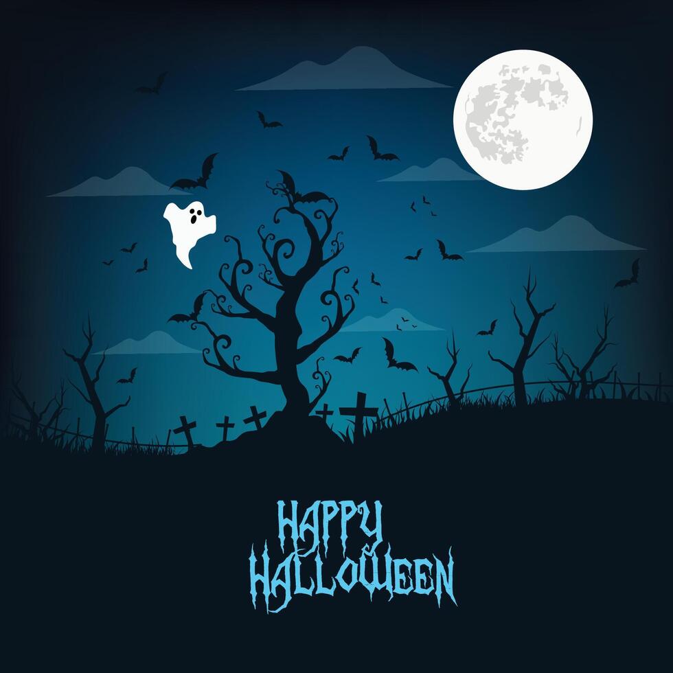 Happy halloween greeting card design. Halloween trick or treat card with ghost characters in night full moon cemetery background. Flat illustration horror scary card design. vector