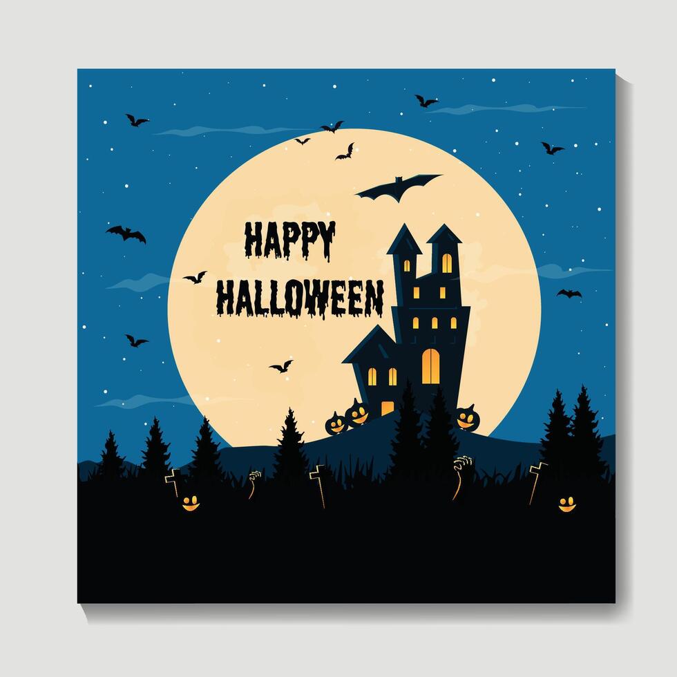 Happy Halloween Poster Template, Mix of Various Spooky Creatures, Moon and Castle, Flat Illustration vector