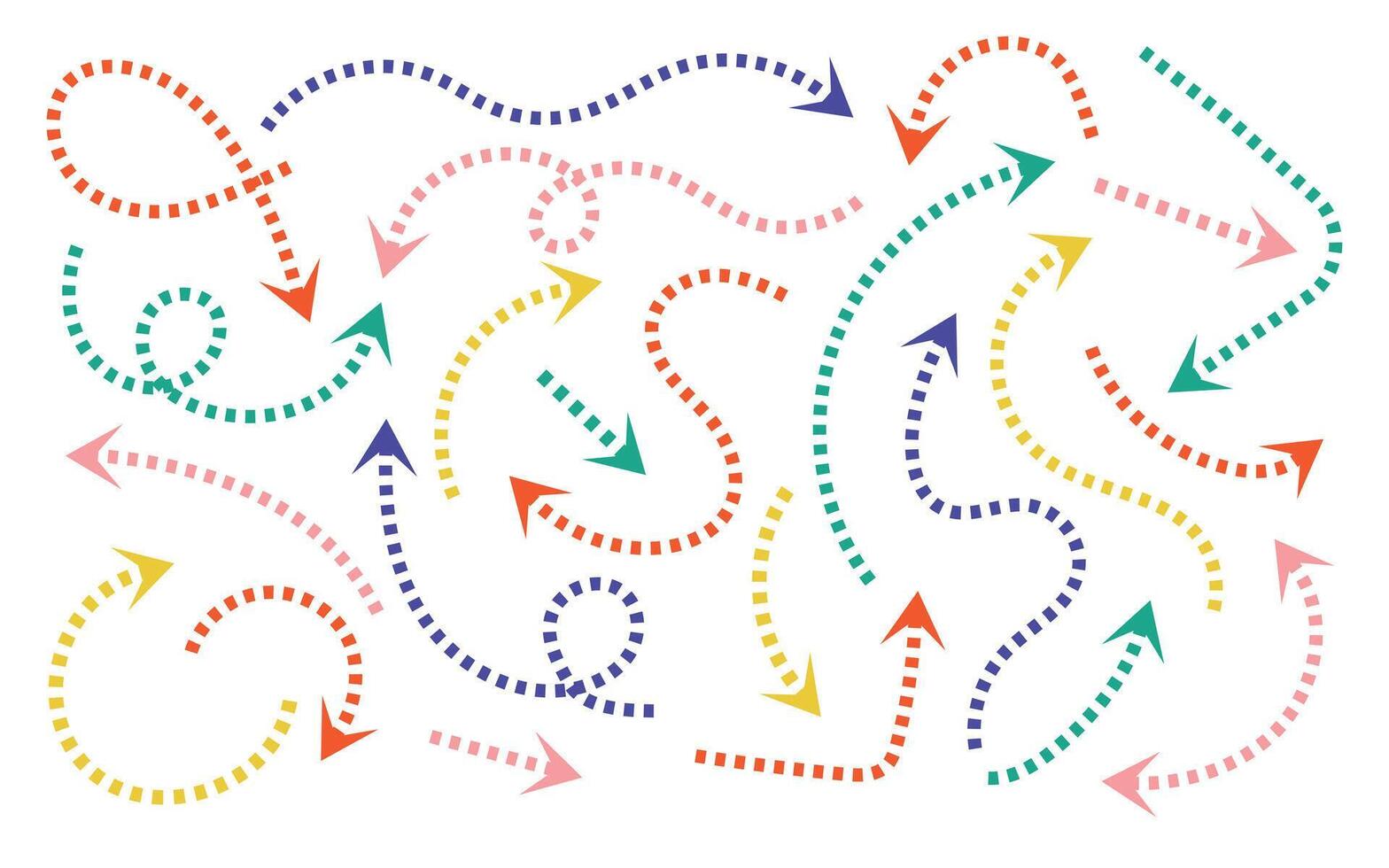 Colorful dotted line arrows on white background. Arrow, cursor icon. Pointers collection. Back, next web page sign. Graphic design elements for business plan and education. vector