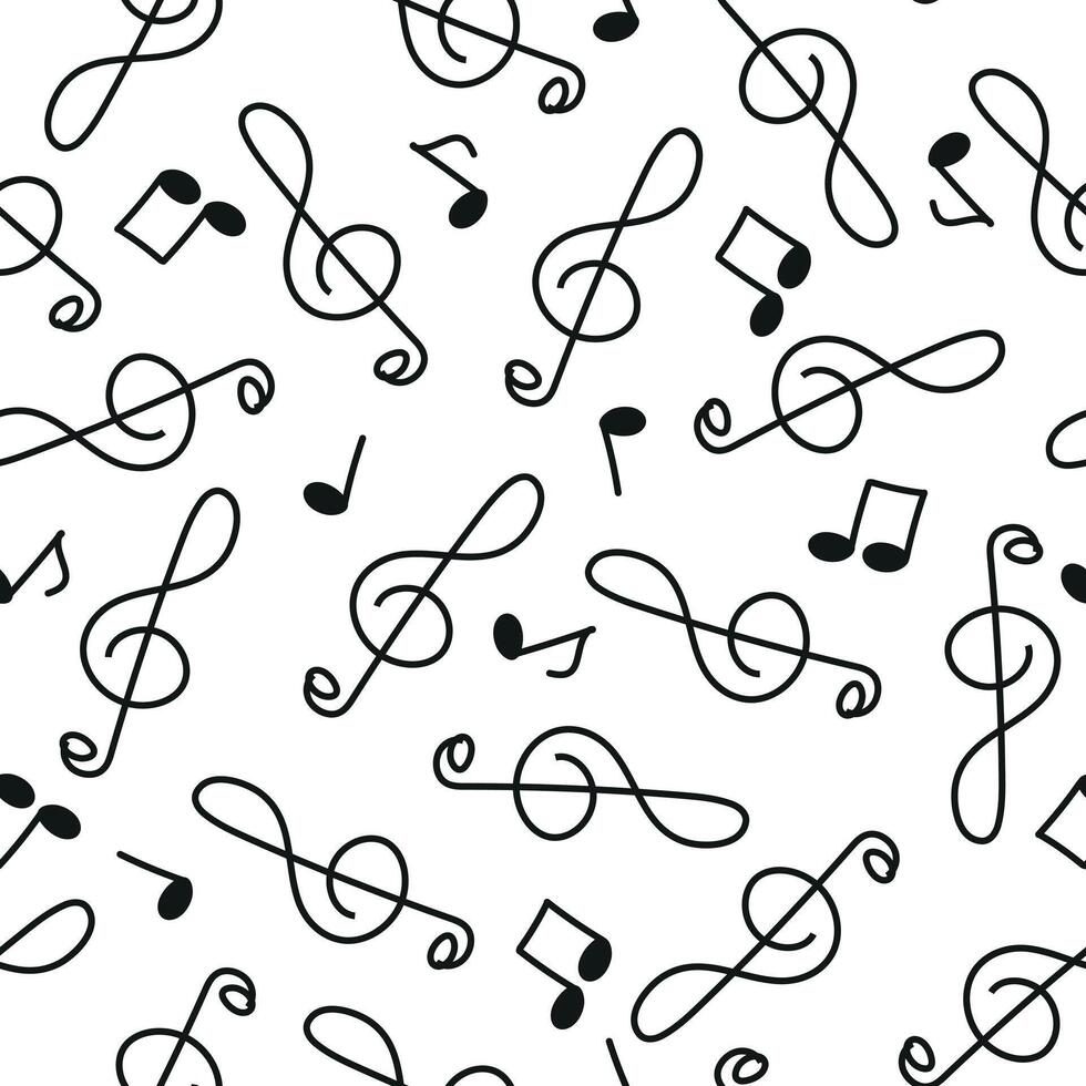 Seamless music pattern. Musical notes and treble clefs in flat style. Drawing a sketch by hand.Clef signs and musical notes on a white backdrop for use in graphic and fabric design. vector