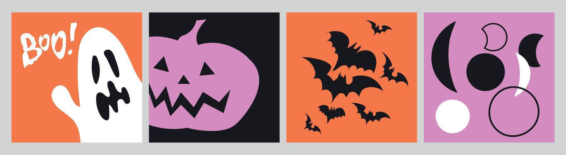 Happy Halloween poster set. Flat style and funny characters. Poster set for postcard, flyer, banner and social media. vector