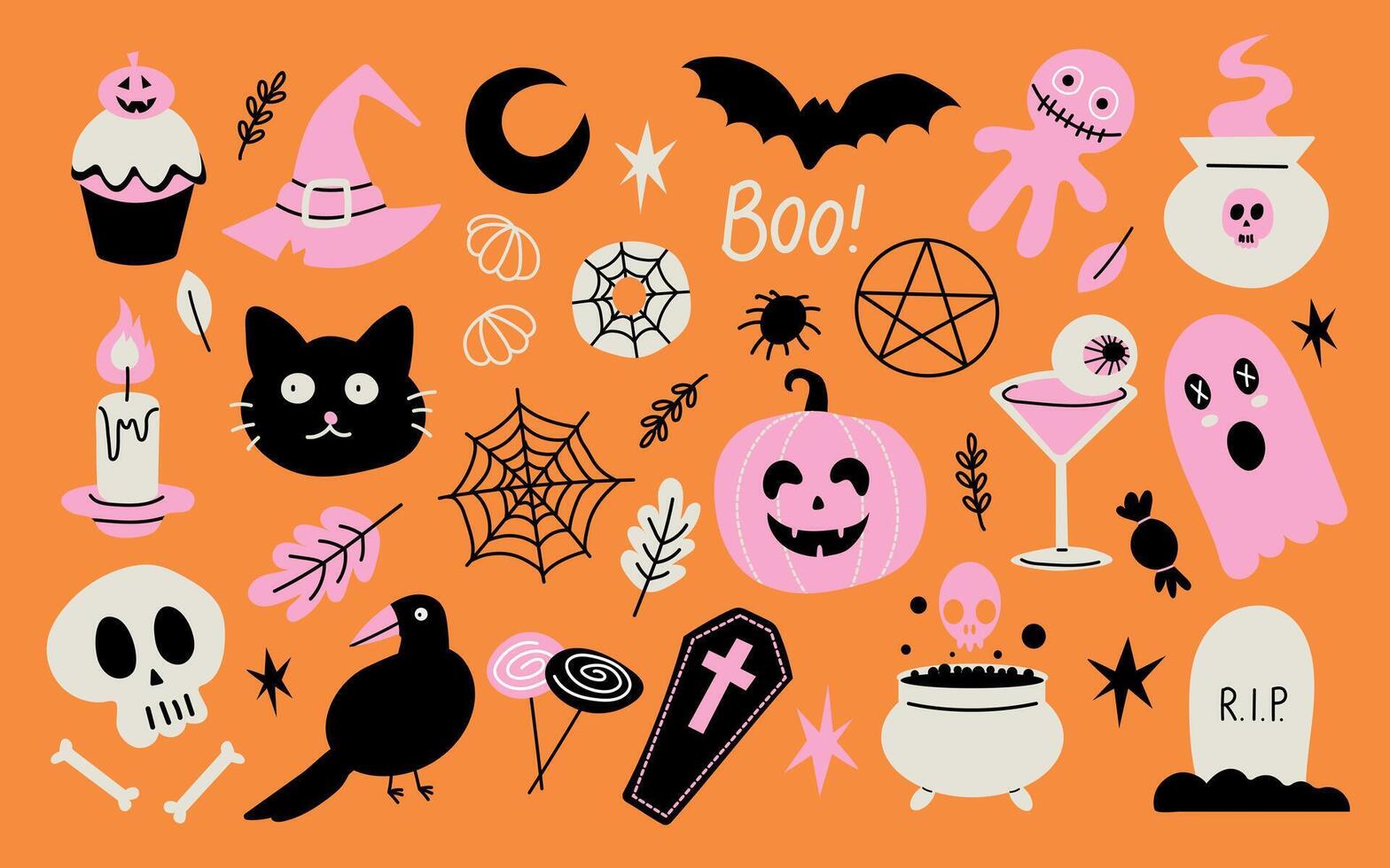 Happy Halloween stickers. Ghost, candle, spider, raven, bat, pumpkin, skeleton. For scrapbooking, sticker, card, poster. vector