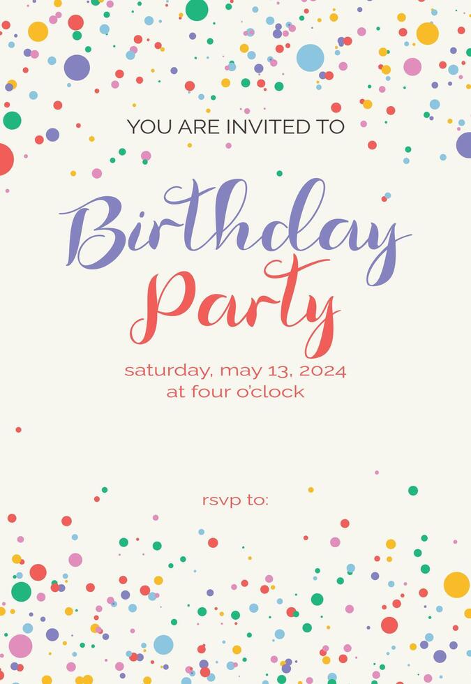 Birthday invitation template with confetti. Flyer, booklet, leaflet concept with flat illustrations. Page cartoon layout for magazine. Anniversary celebration invitation with text. vector