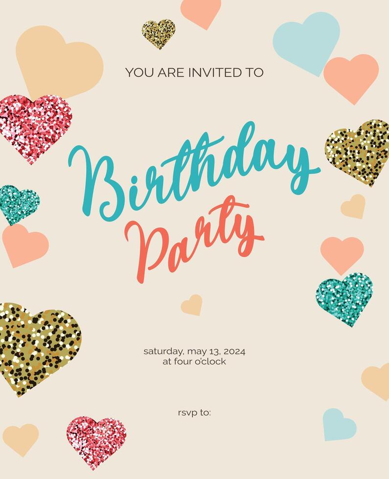 Birthday party invitation template with glitter hearts. Flyer, booklet, leaflet concept with flat illustrations. Page cartoon layout for magazine. Anniversary celebration invitation with text vector
